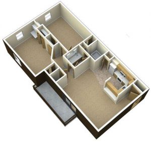 3D floor plan for 2 Bedroom 1 Bath Apartment GVSU